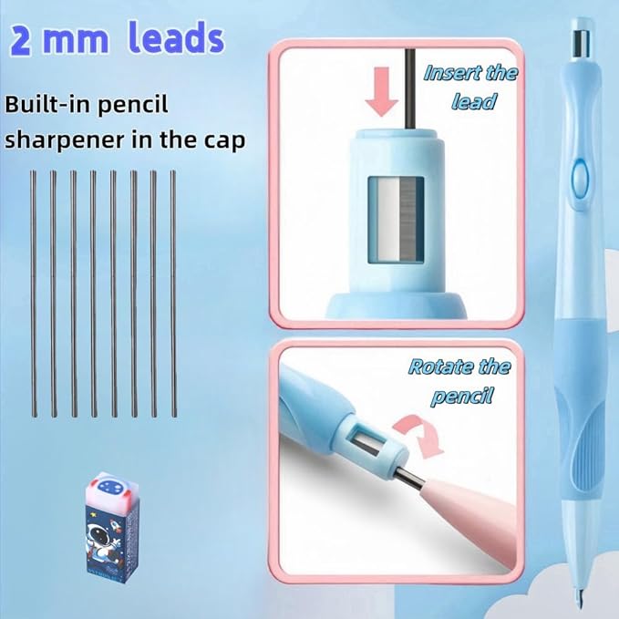 Inclock Handwriting thick mechanical pencils with grip: 2.0MM HB Pencil for kids with 14 leads (2 pack blue&yello)