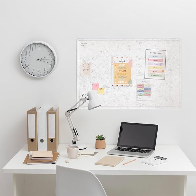 Bulletin Board, 36 x 24 inches Felt Board - Decorative Pin Board, Cork Board Alternative for Wall, 3' x 2' Foldable Self-Adhesive Vision Board with 20 Pushpins - Marble White