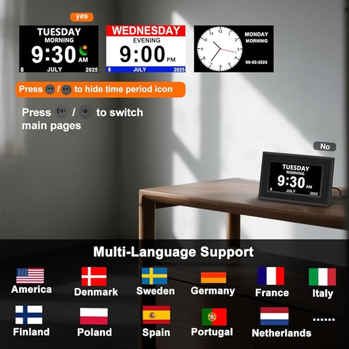 MYFMLI Digital Alarm Clock for Seniors - No-Abbreviation Date HD Display Auto Dimming Photo FrameWhite Noise DST Adjustment, Ideal Gift for Elders (7inch Black)