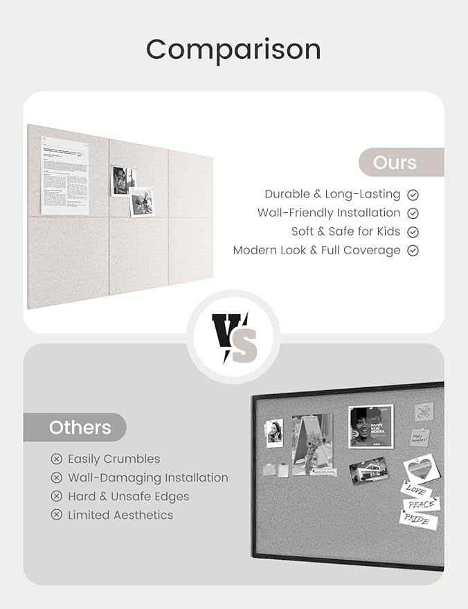 Bumusty Large Cork Board 36" x 24" Alternative - 6 Pack Felt Wall Tiles with 40 Safe Removable Adhesive Tabs, 30 Pushpins, Cork Boards for Walls Pin Board Bulletin Board Office Decor (Oatmeal)