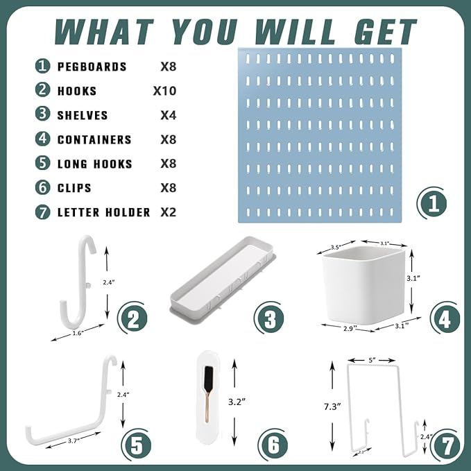 MULSAME Pegboard Combination Kit, 25.2" x 50.4" Wall Mounted Storage Set with 8 Pegboards & 40 Accessories Hanging, Peg Boards Organizer