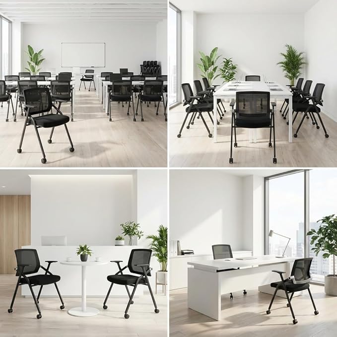 BLANEDUO, 2 Pack Stackable Conference Room Chairs with Paddle Folding Office Foldable Desk Chair Mesh Back and Arms for Conference Meeting Guest Reception Home Office Training Room Chair Black