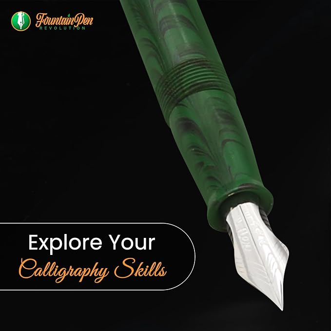 FPR Himalaya V2-Chrome Ultra Flex Nib Pen - Twist-Style Converter Filled Calligraphy Pens for Writing - Fancy Pens for Men & Women - Flex Fountain Pen w/Metal Clip & Cap Ring (Green Ebonite)
