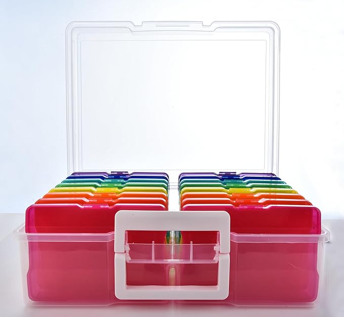 ALINK Photo Storage Box with Handle, 4" x 6" Photo Organizer Storage Container with 16 Inner Case and 1 Sheet Blank Labels for Pictures, Arts, Crafts, Sewing, Seeds, Office Supplies - Colored