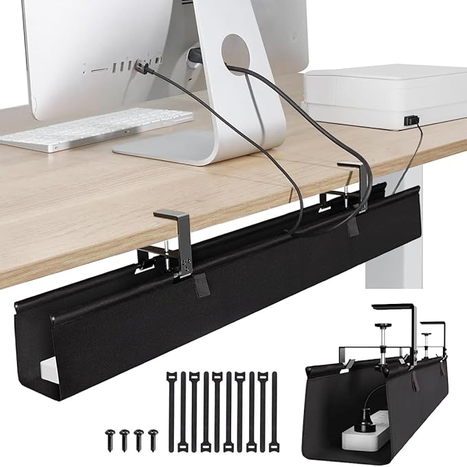 No Drill Under Desk Cable Management Tray, 36" Cord Organizer for Table, Clamp/Screw Mount Desk Cable Management, Premium Fabric Cable Management Tray for Office, Home(Black/2set)