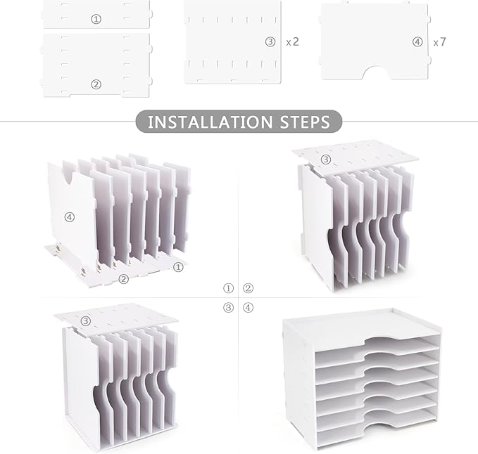 SONGWAY File Organizer for Desk - 7 Tier Wide Document Holder, Letter Mail Tray Storage Rack, A4 Paper Storage Holder, Desktop Organizer for Home Office School, White
