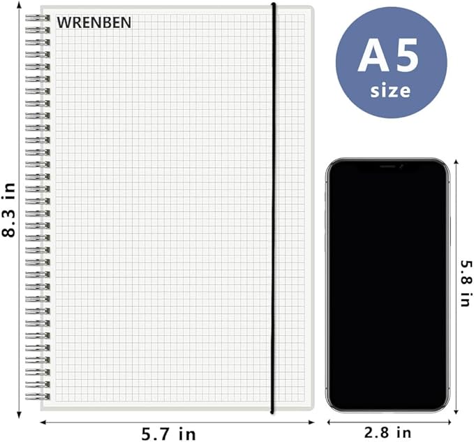 WRENBEN 3PCS Graph Grid 120GSM Thick Paper Spiral Notebooks with Removable Elastic Bands, Medium Size Graphing notebook 5.7" x 8.3" (A5, Grid)