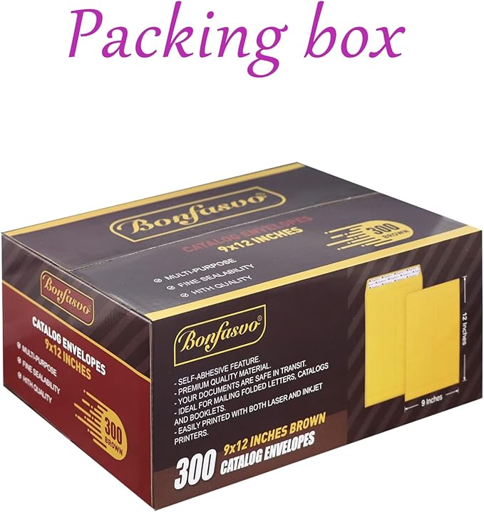 Bonfasvo 300 Pack 9x12 Brown Catalog Envelopes Peel & Seal Security Mailing Envelopes 120GSM Kraft Paper self Seal Envelopes for Invitations Papers Photos Documents Pictures Papers Files