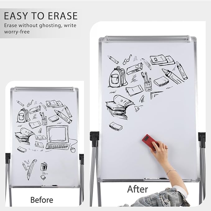 Dry Erase Board with Stand, Double Sided Magnetic Whiteboard, 24 x 36 Portable Height Adjustable White Board with Aluminium Frame