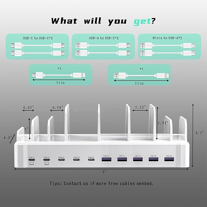 420W Charging Station for Multiple Devices, Zobirez 10-Port USB C Fast Charger Stations for MacBook, iPhone, Android Cell Phone, iPad, Tablet, Family Multi-Device Organizer Charging Dock, White