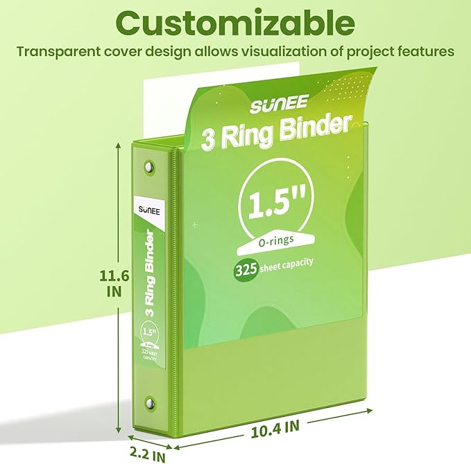 SUNEE 3 Ring Binder 1.5 Inch 1 Pack, Clear View Binder Three Ring PVC-Free (Fit 8.5x11 Inches) for School or Office Supplies, Tender Green