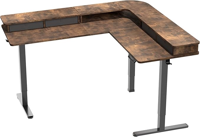 VIVO Electric 2-Tier Corner L-Shaped 63 x 55 inch Standing Desk, Height Adjustable, Memory Controller, Rustic Vintage Brown Top Black Frame, Black Drawers, DESK-E3CVN