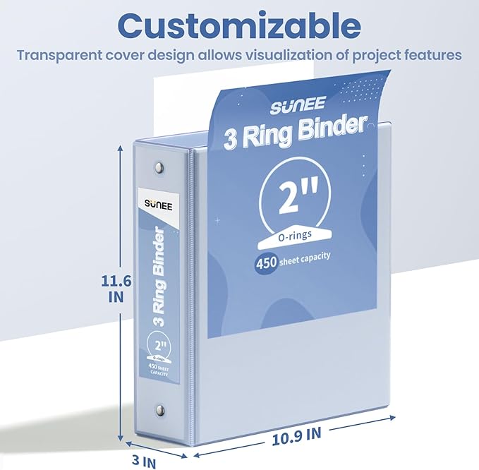 SUNEE 3 Ring Binder 2 Inch 1 Pack, Clear View Binder Three Ring PVC-Free (Fit 8.5x11 Inches) for School or Office Supplies, Haze Blue