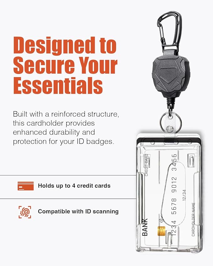 Badge Holder Retractable Clip Heavy Duty Carabiner Badge Reel Keychain with Lanyard ID Cards Holder(2 Pack)