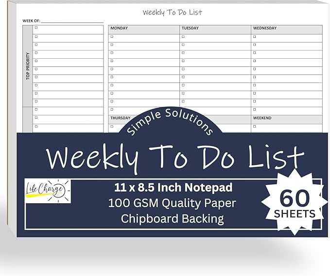 Life Charge Weekly To Do List Planner Notepad, 60 Page Task Planning Pad with Daily Checklist, Priority To-Do Checkboxes & Notes, Desk Notebook for Office Organization & Productivity, 11 x 8.5