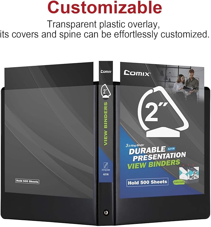 Comix Sturdy 2 Inch D-Ring Binders, 2'' 3 Ring Binder with Clear View Cover, 2.4mm-Thick, Holds 500 Sheets of 8.5" x 11" Paper, 6 Pack (Black)