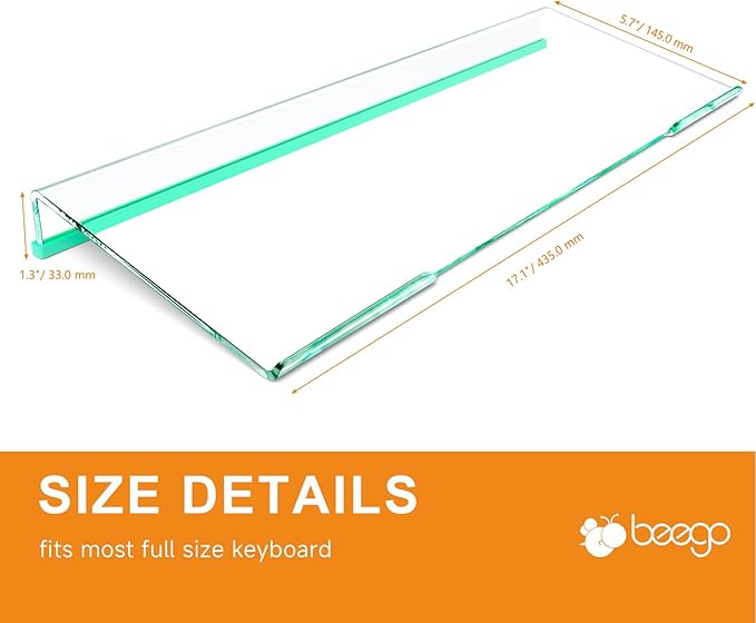 BEEGO Ergonomic Computer Keyboard Stand - Clear Acrylic Keyboard Riser Tilted Keyboard Holder Keyboard Tray with Teal Blue Non-Slip Strip for Easy Typing at Home School Office Desk Accessories