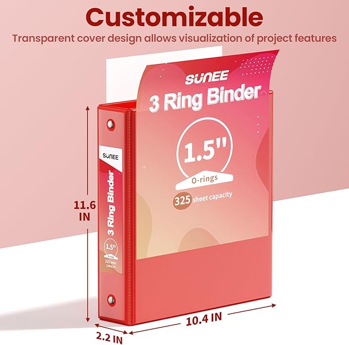SUNEE 3 Ring Binder 1.5 Inch 1 Pack, Clear View Binder Three Ring PVC-Free (Fit 8.5x11 Inches) for School or Office Supplies, Red