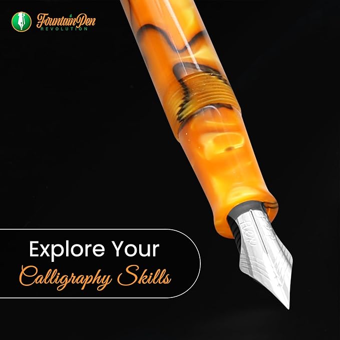 FPR Himalaya V2-Chrome Ultra Flex Nib Pen - Twist-Style Converter Filled Calligraphy Pens for Writing-Fancy Pens for Men & Women - Flex Fountain Pen w/Metal Clip & Cap Ring (Saffron Orange Acrylic)
