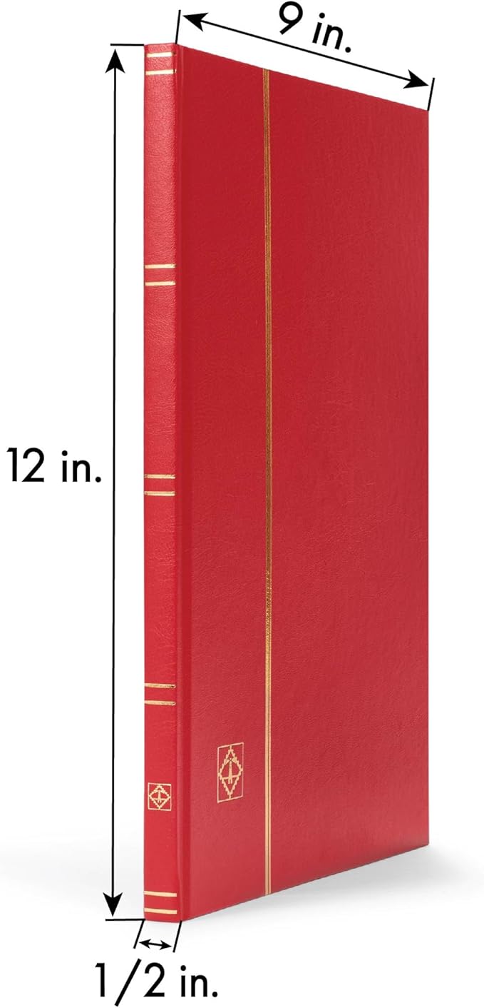 LIGHTHOUSE – “BASIC” Hard Cover Stockbook for Stamps – 16 White Cardstock 9”x12” (A4) Pages with Glassine Strips - Red