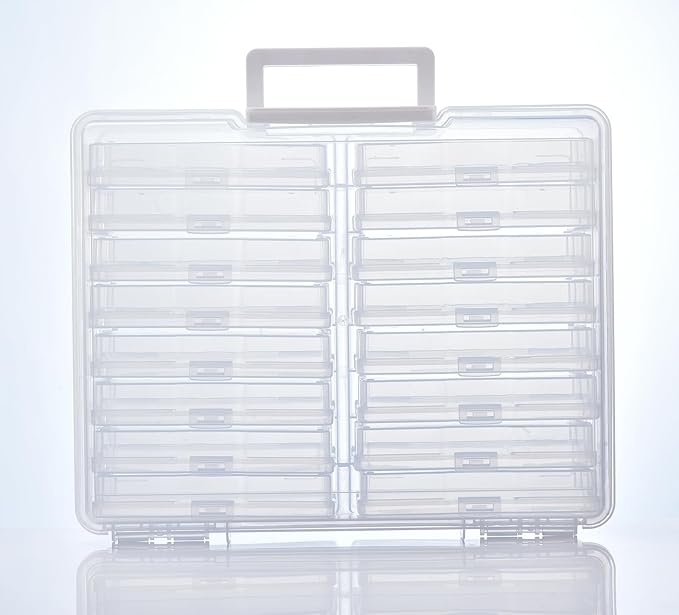 ALINK Photo Storage Box with Handle, 4" x 6" Photo Case Craft Keeper Organizer Container with 16 Inner Case and Label for Pictures, Arts, Crafts, Sewing, Stickers, Office Supplies - Clear