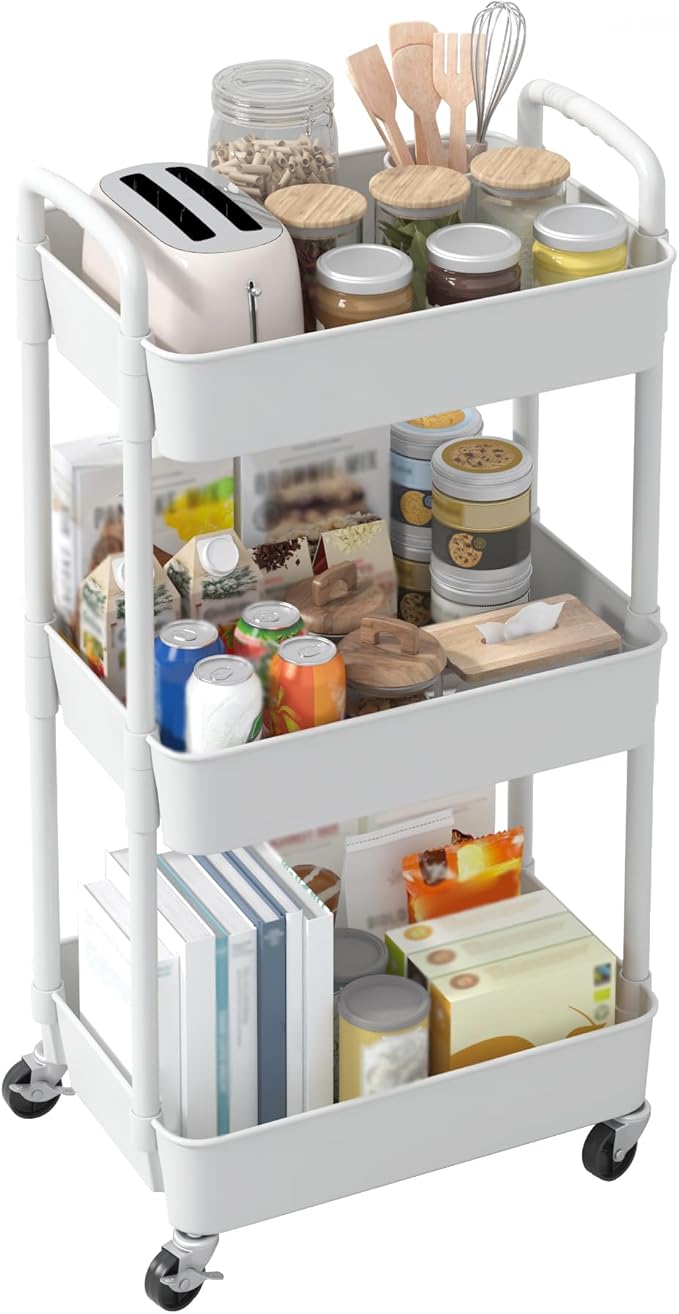Sywhitta 3-Tier Plastic Rolling Utility Cart with Handle, Multi-Functional Storage Trolley for Office, Living Room, Kitchen, Movable Storage Organizer with Wheels, White