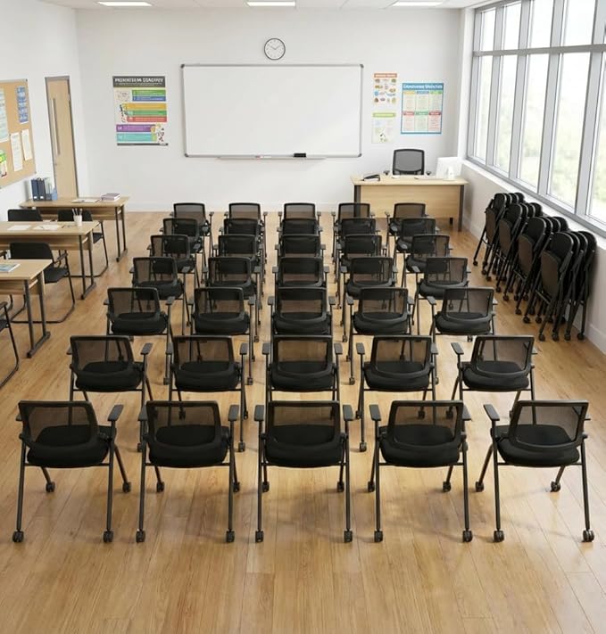 BROBRIYO Folding Chair with Wheels and Paddle, Ergonomic Mesh Back and Arms for Office, Meetings, Conferences, Receptions, Training Rooms & Folding Office Chairs - Black 70 Pack