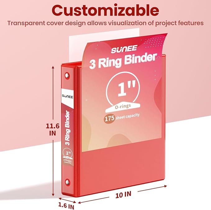 SUNEE 3 Ring Binder 1 Inch 1 Pack, Clear View Three Ring PVC-Free (Fit 8.5x11 Inches) for School or Office Supplies, Red