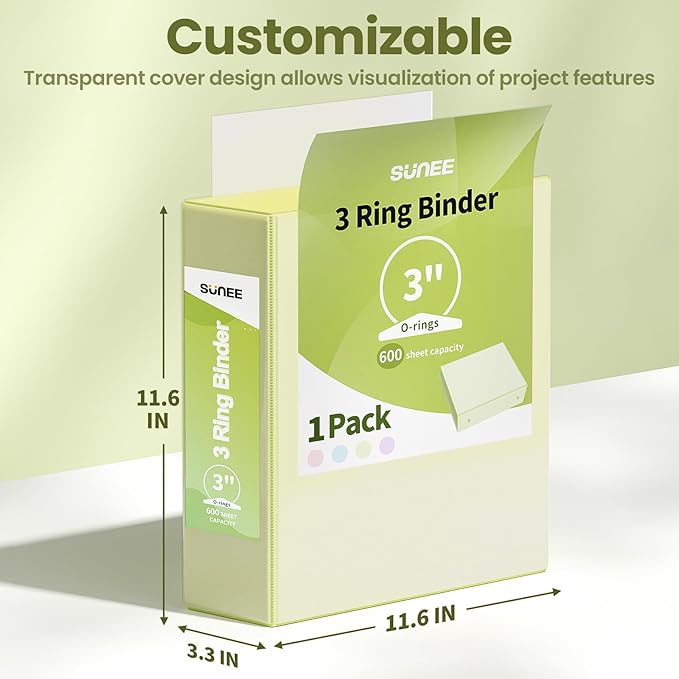SUNEE 3 Ring Binder 3 Inch 1 Pack, Clear View Binder Three Ring PVC-Free (Fit 8.5x11 Inches) for School or Office Supplies, Light Yellow