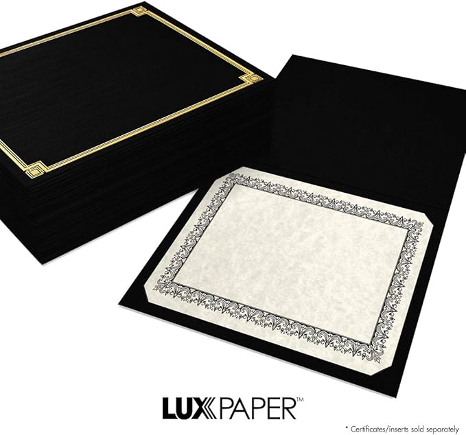 LUXPaper 9.5" x 12" Certificate Holders | Black Linen | Embossed Gold Foil Border | 100lb. Cover | 100 Qty