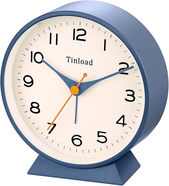 Tinload 4.5" Battery Operated Retro Analog Alarm Clock, Small Silent Bedside Desk Clock,Lighted on Demand, Battery Operated, Snooze, for Living Room, Bedroom, Bedside, Desk(Blue)