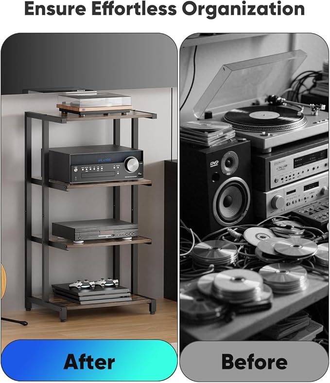 Ardier 4-Tier Wooden Media Stand, AV Media Stand Corner Shelf for TV Accessories/Audiovisual Equipment/Optical Disc/PS4, Audio Storage Rack for Living Room, Gaming Room, Music Studio, Black