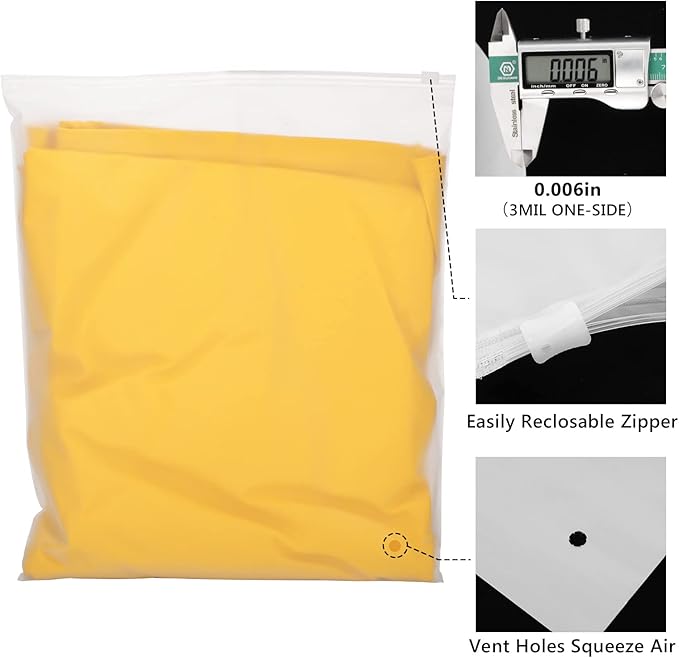 Svaldo Poly T-Shirt Packaging Bags, 50PCS 12x14 Inch Clear Zipper Plastic for Clothes, Pants, Shirt, Sweaters, Resealable Apparel for Clothing Selling, Frosted Zip Lock, 3 Mil