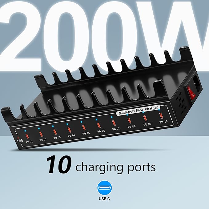 200W Charging Station,Charger with 10 USB C Ports, Stations for MacBook, iPhone, Android Cell Phone, iPad, Tablet, Family Multi-Device Organizer Charging Dock
