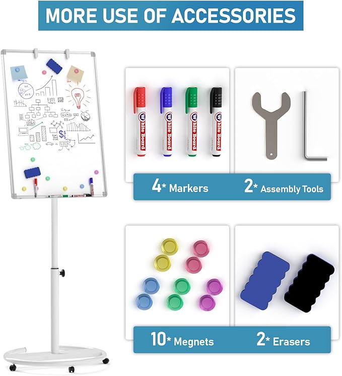 Nicpro Mobile Whiteboard 36"x 24" Magnetic Dry Erase Board, Height Adjustable Standing Easel With 5 Wheels, Flipchart Hooks, Rolling for Office Home or Classroom Teaching