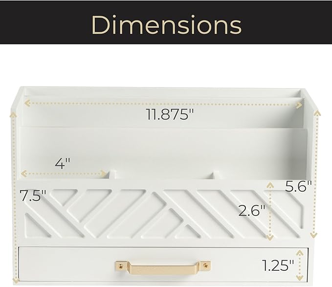 BLU MONACO White Wooden Mail Organizer With Drawer and Gold Handle | Desktop Storage for Home Office and Classroom | Multi-Section Letter Sorter | 4.6āD x 12.4āW x 7.5āH Tabletop Accessory Holder