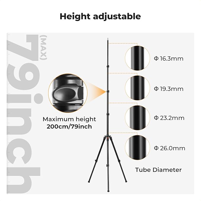 K&F CONCEPT Extendable Photography Stand, Adjustable 6.56ft/78.7"/2M Aluminum Tripod with 1/4" Screw, 2-Pack Reversible Portable Studio Lighting Tripod for Strobe Light/Webcams/Cameras with Bag