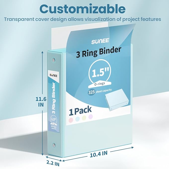 SUNEE 3 Ring Binder 1.5 Inch 1 Pack, Clear View Binder Three Ring PVC-Free (Fit 8.5x11 Inches) for School or Office Supplies, Pastel Blue