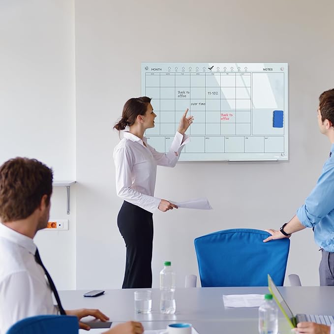 JYYPWB Magnetic Glass Whiteboard 36X24 Monthly Planner Calendar Dry Erase Board for Home, School, Office, Frameless, with Markers, Marker Tray, Eraser, Magnets (White)