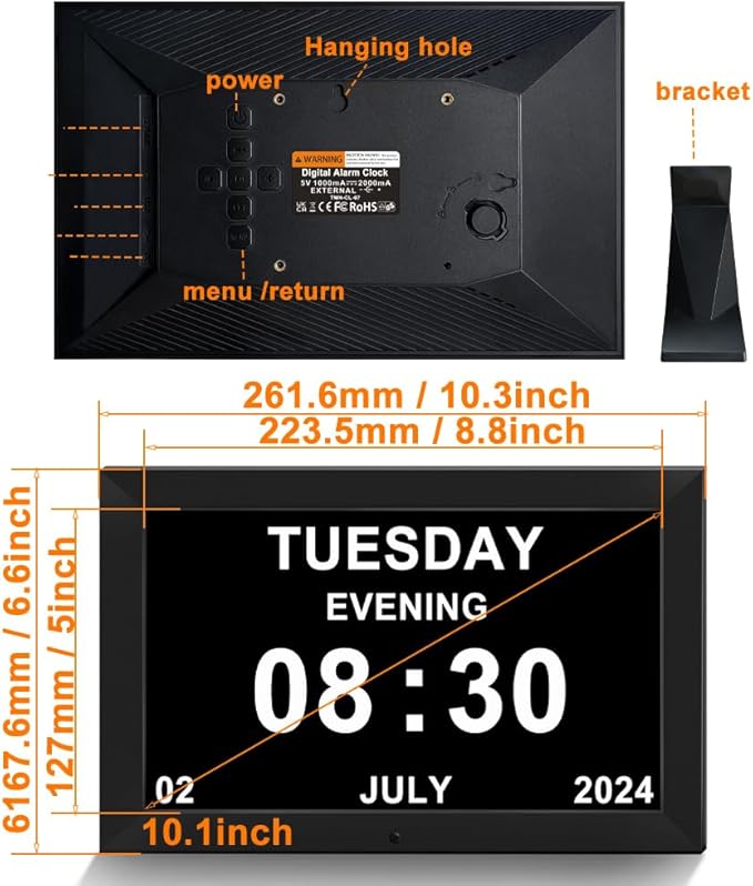 TIMEMOON Digtial Calendar Clock with Day and Date Alarm Clock with Weather Temperature Humidify Alzheimers Elderly Auto Dimmable 8 Alarm Options (10.1 Inch Black)