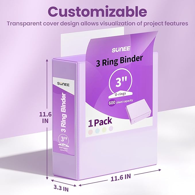 SUNEE 3 Ring Binder 3 Inch 1 Pack, Clear View Binder Three Ring PVC-Free (Fit 8.5x11 Inches) for School or Office Supplies, Purple