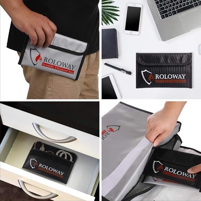 ROLOWAY Small Fireproof Bag (5 x 8 inches), Non-itchy Fireproof Money Bag for Cash, Valuables, Passport, Currency & Keys (2-Pack)