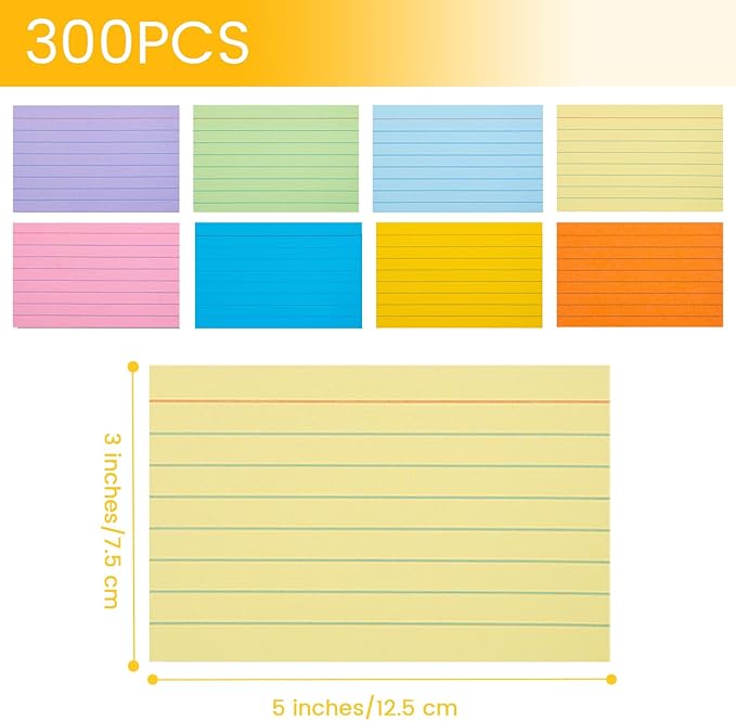 Koogel Index Cards 3x5, 300 Count, Colored Flash Card Lined Ruled on Both Side, Heavyweight Notecards for Back to School Studying Learning College Office Home Taking Notes Supplies, 8 Assorted Colors