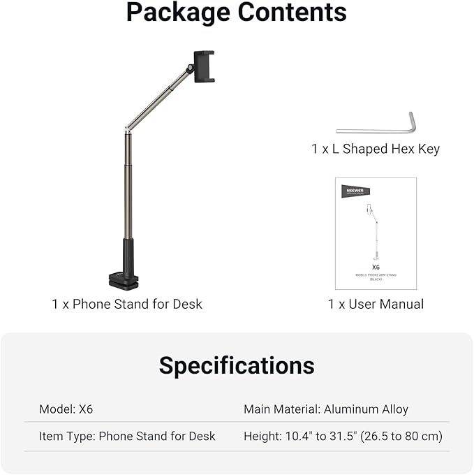 NEEWER Entry Level Version Phone Stand for Desk & Bed, 360° Adjustable Office Table Bedside Overhead Cell Phone Holder Mount Compatible with iPhone Samsung Android for Video Recording Filming, X6