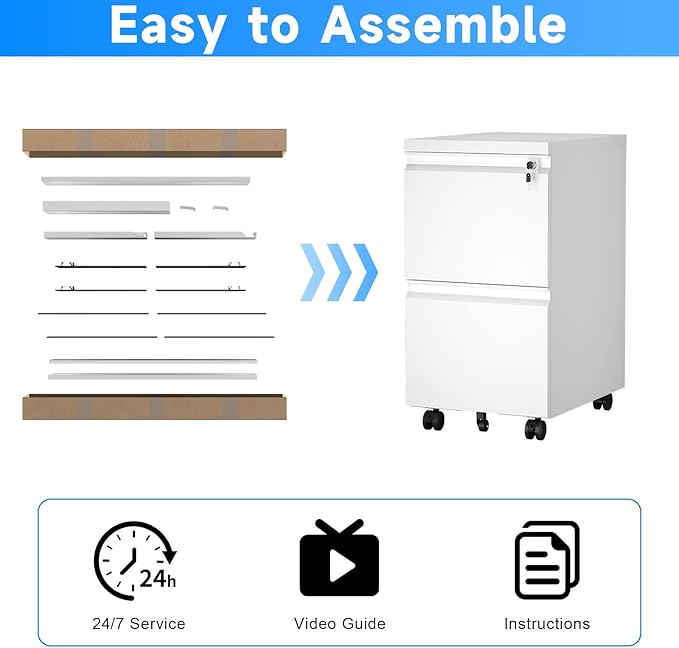 HOMOFFICE 2 Drawer File Cabinet with Lock, Metal Mobile Filing Cabinet on Wheels, Compact Desk Side Storage Cabinet for Home Office, Letter/Legal/A4 File Organizer with Anti-Tip Wheel (White)