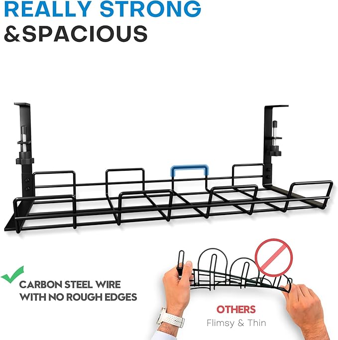 No Drill Under Desk Cable Management Tray, Desk Wire Management Cable Tray Sturdy Metal Wire Organizer Under Desk Basket for Office and Home Standing Desk -Black