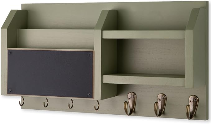 Lwenki Mail and Key Holder – Wall Mount Key Hanger with Shelf and 7 Metal Hooks – Decorative Natural Paulownia Wood Entryway Organizer with Mounting Hardware (16.5”W x 8.7”H x 3.5”D) (Sage-Green)