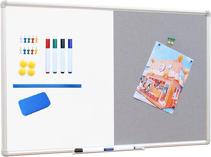 DEVELOP Large Grey Felt Bulletin & Magnetic Dry Erase Combo Board, 72 x 36 Inch Hanging Whiteboard/Grey Felt Bulletin Combination Board with Marker Tray, Pins, Eraser, Markers & Magnets