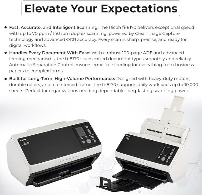 Fi-8170 Professional High Speed Color Duplex Document Scanner - Network Enabled, Scanner High Volume with Power Adapter + USB 3.2 Cable + Microfiber Cloth Included