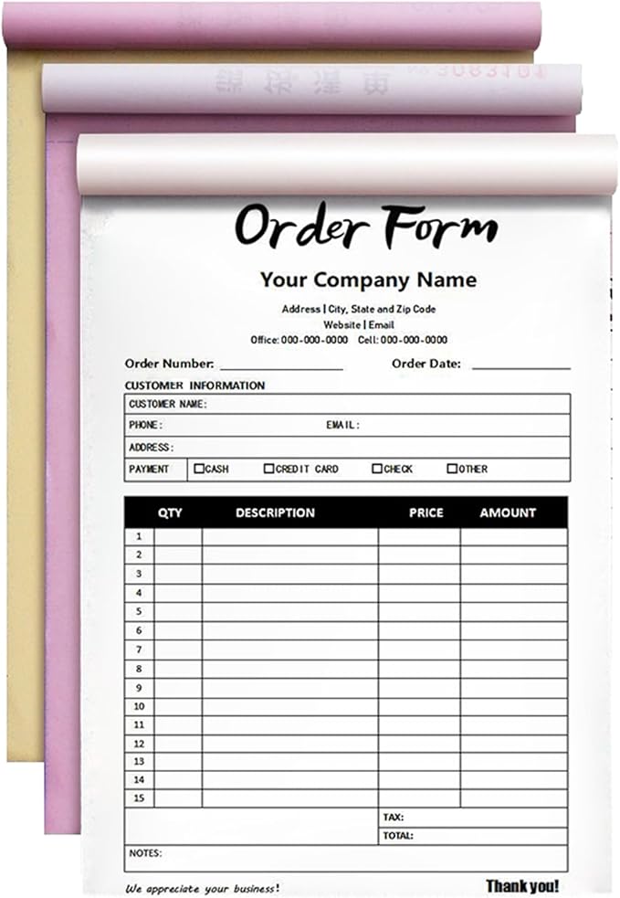 Custom Invoice Book in 3-Part /2-Part Receipt Book with Carbon Copies Personalized Carbonless Service Invoice Form Books Sales Order Book with Company Name Logo Address,B-Order Form Book
